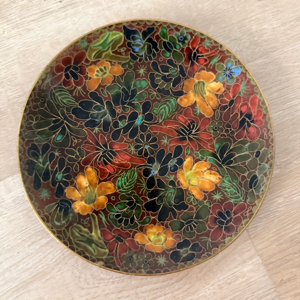 Antique Vintage Chinese Cloisonne Enamel Brass Plate‎ Floral 6.5"